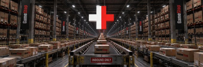 A vast GameStop distribution warehouse is shown with boxes on conveyor belts, banners displaying 'GameStop', and a 'INBOUND ONLY' sign.