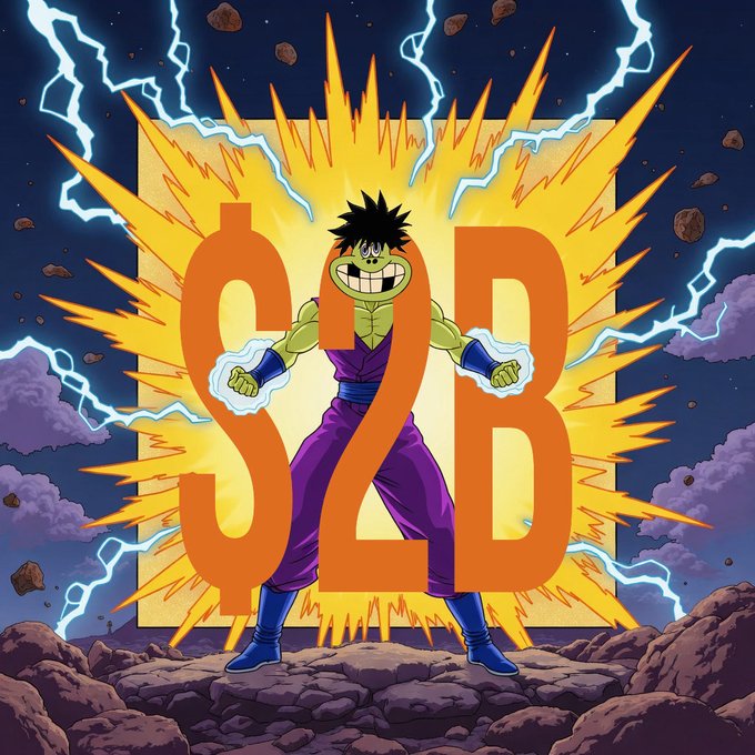 A cartoonish muscular green character with spiky black hair strikes a triumphant power pose amidst an explosive burst of lightning and energy, with a large orange "$2B" displayed prominently in the background. The over-the-top superhero imagery visually amplifies the post's celebration of crossing $2 billion in trading volume, framing the milestone as an epic, electrifying achievement with even greater feats still to come.