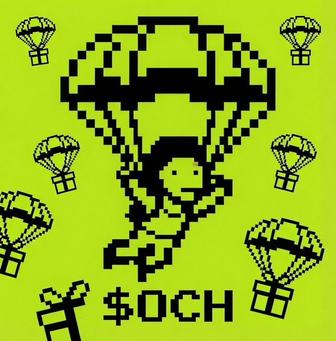 Pixel art on a yellow background featuring parachuting gift boxes and a smiling figure descending, with the text '$OCH' at the bottom.