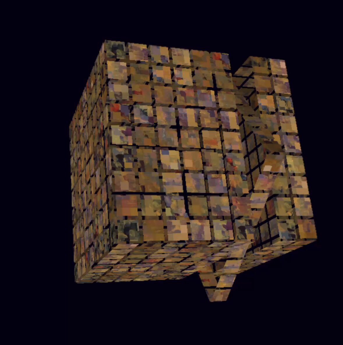 The image features a 3D rendering of a cube made up of small cubes, giving it an interesting texture and appearance. The cube has a dark background that contrasts with its light-colored surface, making it stand out prominently. The image also includes text that reads "Art & cube (genius my friend)", which could be interpreted as a reference to the artistic nature of the cube or its creator's unique approach to design.