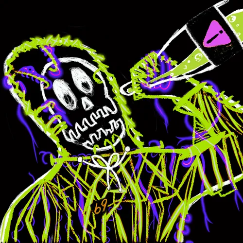 A digital drawing of a skeletal figure with green spiky outline drinking from a bottle marked with a pink triangle symbol, with the number 69 visible on the body.