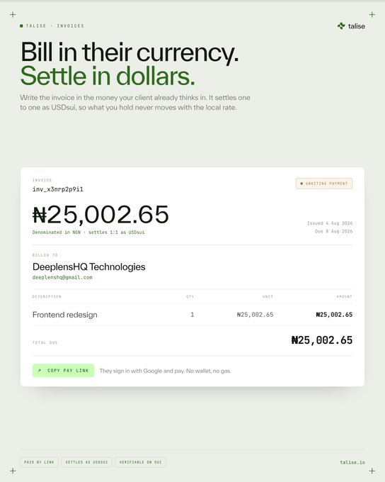 A Talise invoice interface showing 'Bill in their currency. Settle in dollars.' with an invoice for 'DeeplensHQ Technologies' for ₦25,002.65 for a 'Frontend redesign' due Aug 2026.