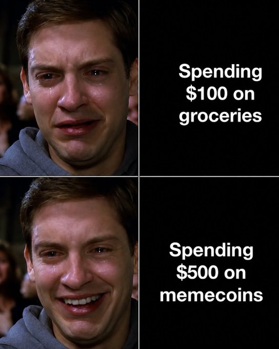 A two-panel meme featuring Peter Parker (Tobey Maguire) crying in the top image labeled "Spending $100 on groceries" and smiling joyfully in the bottom image labeled "Spending $500 on memecoins."