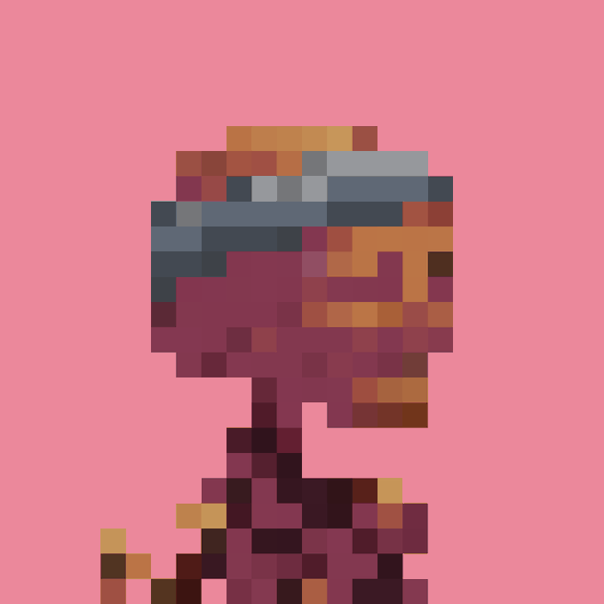 A highly pixelated silhouette portrait of a person wearing a cap against a solid pink background.