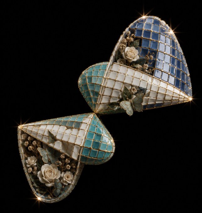 Ornate 3D-rendered hearts covered in blue, teal, and white mosaic tiles with gold grout, decorated with white roses and butterflies on a black background.