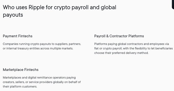 A header section titled "Who uses Ripple for crypto payroll and global payouts" highlights three customer categories—Payment Fintechs, Payroll & Contractor Platforms, and Marketplace Fintechs—each described as relying on Ripple for fiat or crypto payouts. The image illustrates the tweet's argument by showing that Ripple already directly serves these exact use cases, raising the question of why a partnership with Zebec would be necessary.