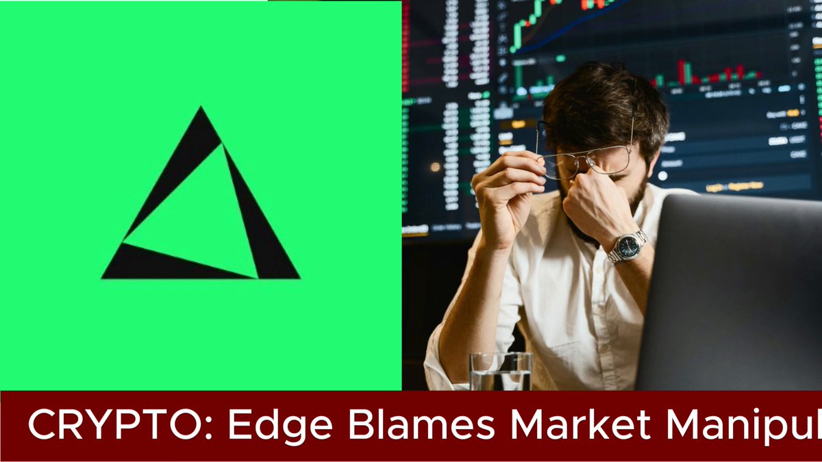 The image features a man sitting at his computer, working late into the night while wearing glasses. In front of him is a poster for a new cryptocurrency called Edge Blames Market Manipul. The title of the event is written in large, bold letters above the logo on the poster. A keyboard and laptop are also visible within the scene, indicating that he's likely conducting some work related to the cryptocurrency or perhaps studying its market manipulation tactics.