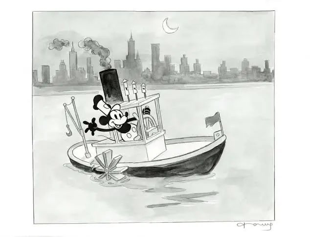 A black-and-white cartoon illustration shows the iconic Steamboat Willie-era Mickey Mouse at the helm of a small steamboat, wearing a captain's hat and saluting, with smokestack billowing, candles on the wheelhouse, and a tiny flag at the bow. In the background, a city skyline is visible across the water beneath a crescent moon, suggesting Mickey navigating toward a bustling metropolis. The drawing directly ties to the post's claim that the original Mickey Mouse IP "Steamboat Willie" entered the public domain in 2024, symbolizing the early public-domain incarnation of the character being set loose—much like a steamboat setting sail—into the open market where multiple memecoins now compete for the winning spot.