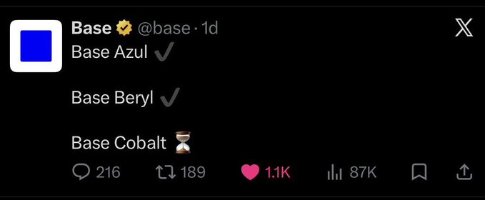 A screenshot of a tweet from the @base account listing 'Base Azul ✓', 'Base Beryl ✓', and 'Base Cobalt ⏳', with 216 replies, 189 retweets, 1.1K likes, and 87K views.