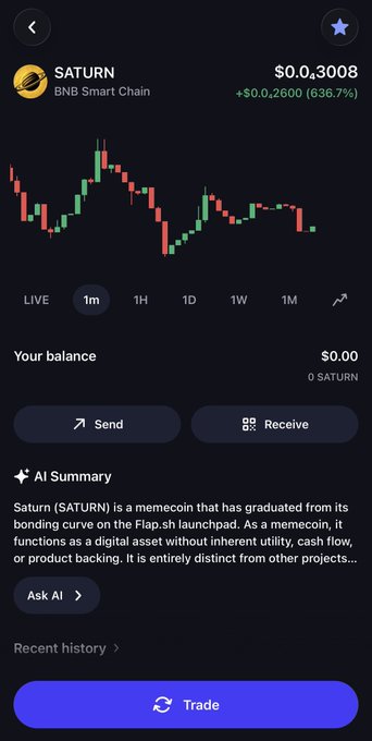A cryptocurrency app screenshot showing the SATURN token on BNB Smart Chain at $0.30008, with a +636.7% gain displayed alongside a candlestick chart.