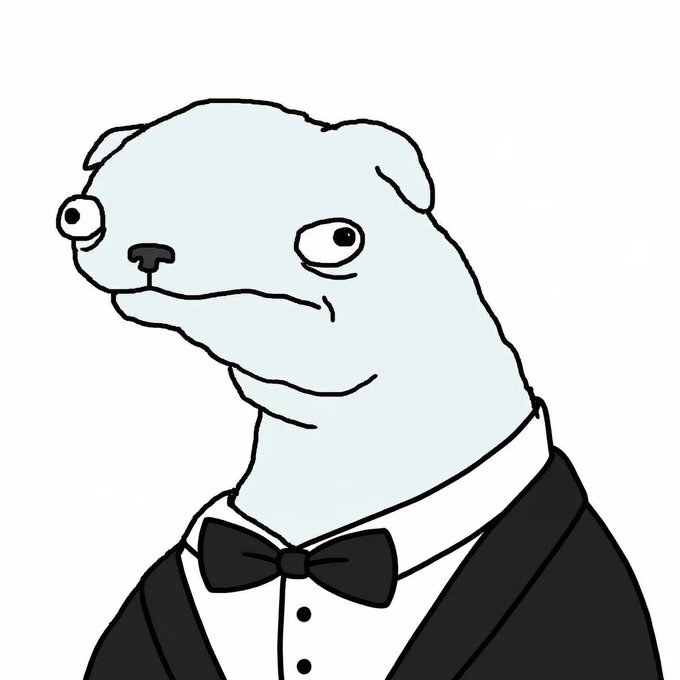 A crudely drawn, smug-looking gray creature wearing a tuxedo with a black bowtie and buttons, exuding a sophisticated yet absurd vibe. The polished formal attire paired with the silly expression humorously mirrors the poster's confident, tongue-in-cheek boast about memeing the "https" market for 8 months straight.