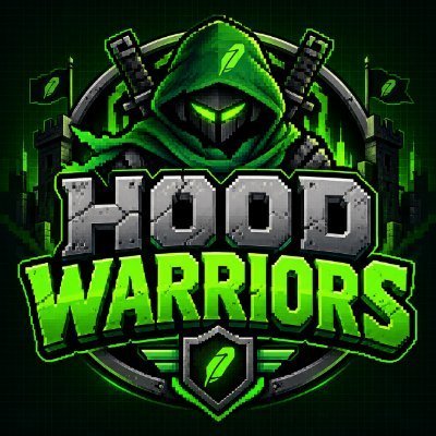 A gaming logo for 'HOOD 2 WARRIORS' features a hooded green figure with glowing eyes, crossed swords, and a shield emblem in a pixelated art style.