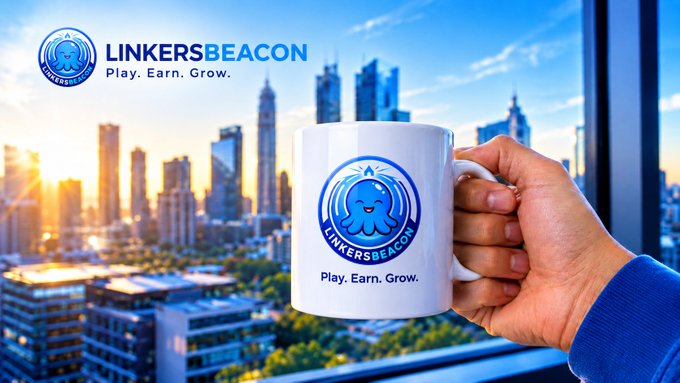 A promotional image showing a hand holding a white mug with a blue 'LINKERSBEACON' logo and the tagline 'Play. Earn. Grow.', with the same logo displayed in the upper left against a city skyline backdrop.