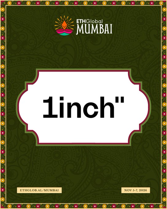 A promotional graphic for ETHGlobal Mumbai featuring a dark green paisley-patterned background with decorative floral borders. The ETHGlobal logo and 'MUMBAI' text appear at the top, with the word 'linch"' displayed in large black text within a white decorative frame in the center, and event details 'ETHGLOBAL/MUMBAI' and 'NOV 5-7, 2026' at the bottom.