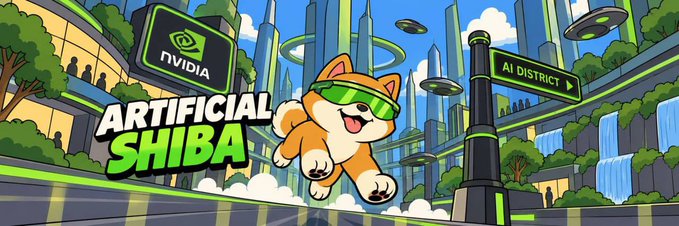 A cartoon Shiba Inu dog wearing futuristic green sunglasses runs joyfully through a vibrant, futuristic "AI District" cityscape featuring an NVIDIA logo and the bold text "ARTIFICIAL SHIBA," visually tying the classic meme mascot to the AI and NVIDIA tech narrative described in the post.