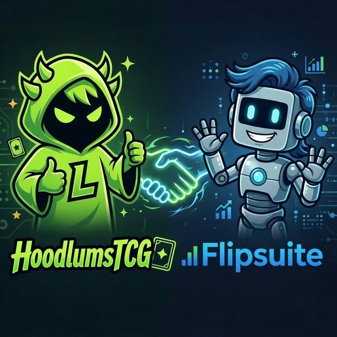 Collaboration graphic between 'HoodlumsTCG' and 'Flipsuite' showing a green hooded cartoon character shaking hands with a blue-haired robot, surrounded by trading chart elements.