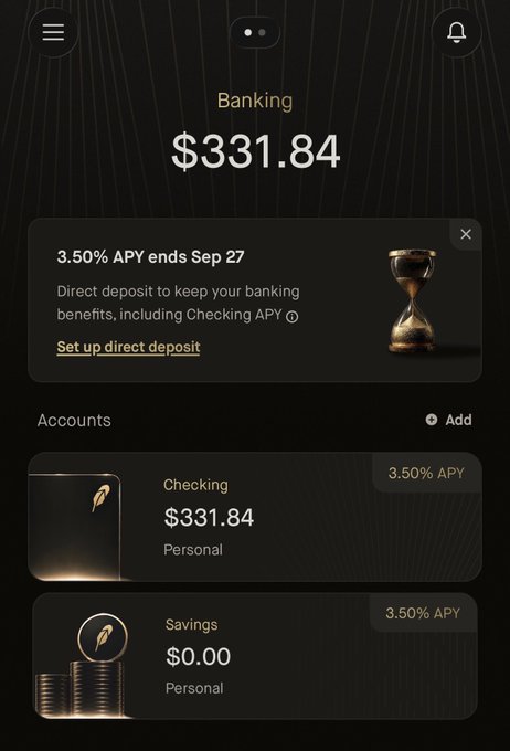 A Robinhood Banking account interface displays a Checking balance of $331.84 and a Savings balance of $0.00, both offering a 3.50% APY that ends Sep 27 with a notice encouraging direct deposit setup. The image illustrates the Robinhood banking platform referenced in the post, which promotes the ability to transfer large sums instantly into the FDIC-insured account for conversion to stablecoins like USDC or USDG.