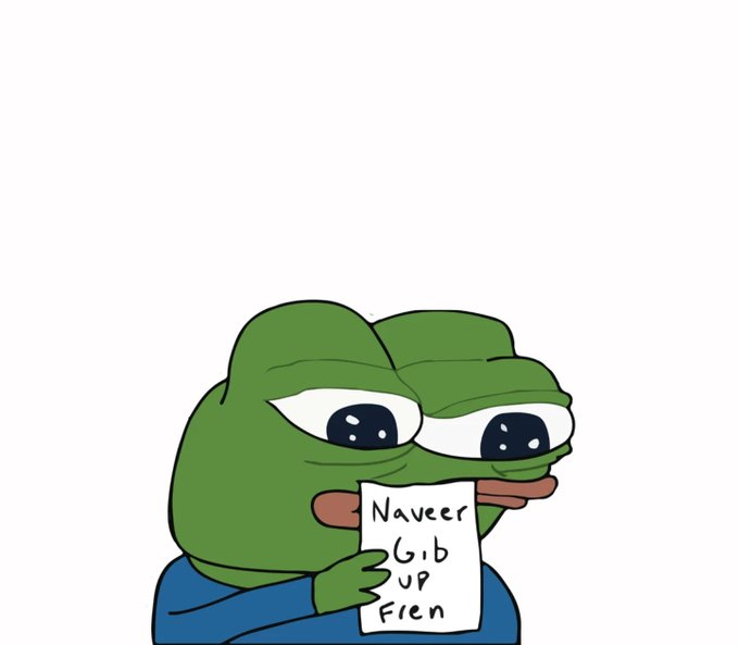 urn of water with a frog on its side, holding a paper with the words "Naver Gib Up" written on it against a white background.