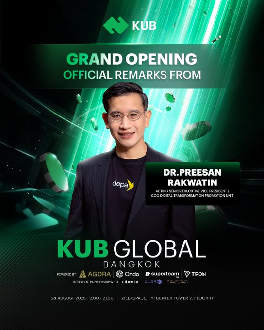 A promotional poster for KUB Global Bangkok Grand Opening featuring Dr. Preesan Rakwatin (Acting Senior Executive Vice President/COO of Digital Transformation Promotion Unit) speaking officially on 29 August 2026 at Zillspace, FYI Center Tower 2, Floor 11.