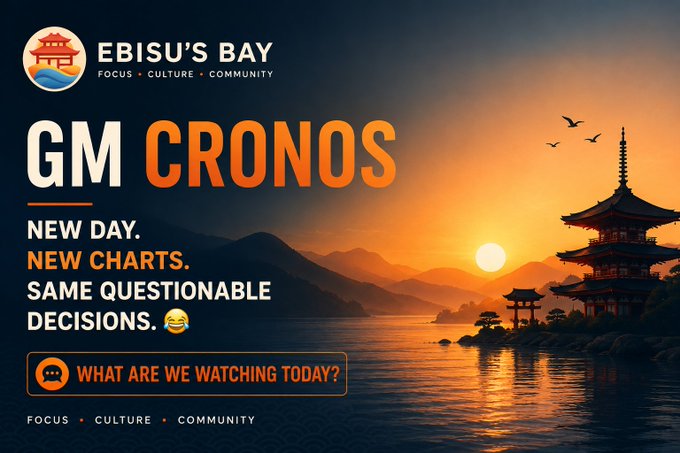 Promotional graphic for 'EBISU'S BAY' featuring 'GM CRONOS' with text 'NEW DAY. NEW CHARTS. SAME QUESTIONABLE DECISIONS. 😂' and 'WHAT ARE WE WATCHING TODAY?' over a sunset pagoda scene.