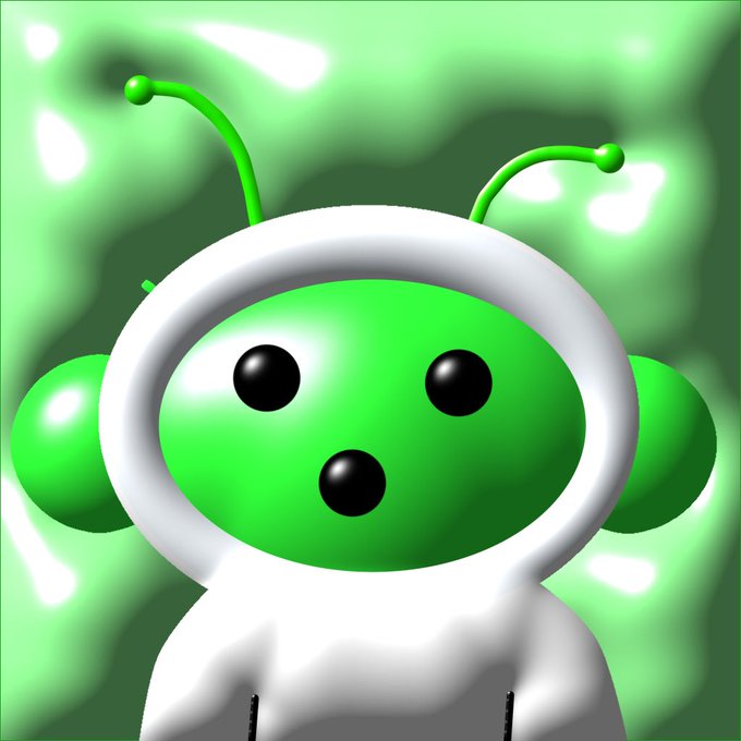 A 3D rendered green alien-like character wearing a white astronaut helmet and suit, with two antennae protruding from the top.