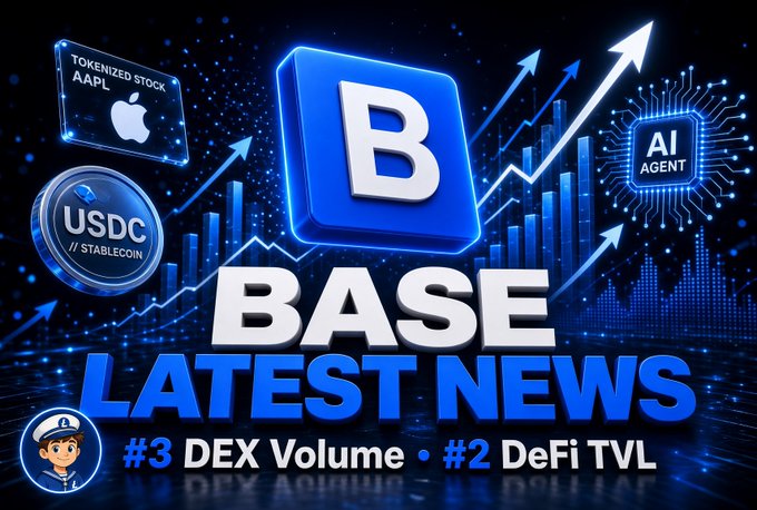 The image is a promotional graphic for "BASE LATEST NEWS" featuring a stylized "B" logo and text highlighting "#3 DEX Volume • #2 DeFi TVL," alongside icons representing tokenized stock AAPL, USDC stablecoin, and an AI agent, with upward arrows symbolizing growth. It visually summarizes the post's key metrics about Base's rising rankings as an Ethereum L2, specifically its 3rd-place DEX volume position and 2nd-place DeFi TVL standing as of October 2026.