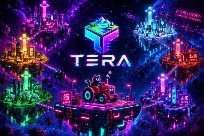 A vibrant cyberpunk-style illustration featuring floating islands labeled with themes like 'NEON', 'ICE', 'AQUA', 'MINING', 'BIO', 'FUTURE', and a 'TERA' logo in the center.