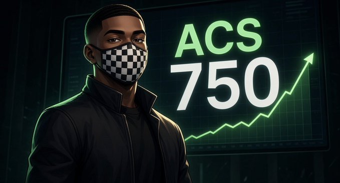 A digital illustration shows a man wearing a checkered face mask and black jacket standing in front of a screen displaying 'ACS 750' with an upward trending green arrow.
