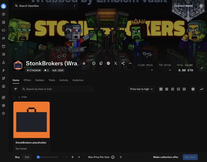 An OpenSea NFT collection page for "StonkBrokers" on the Ethereum network, dated August 2026, featuring pixel art characters and a placeholder orange briefcase image with 0.00 ETH volume.