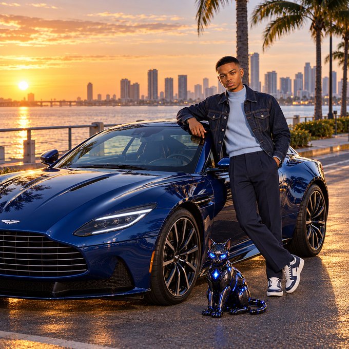 A young man in a denim jacket and turtleneck leans against a dark blue Aston Martin sports car at sunset, with a small black robotic cat beside him.