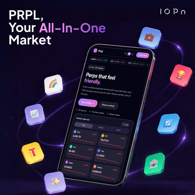 A smartphone displays the PRPL app's interface with the tagline "Perps that feel friendly" and a live markets section showing tickers like ETH ($2,450.79), BTC ($78,477.8), SOL ($96.403), and PENGU ($0.005333) with their percentage changes. Surrounding the phone are colorful icons representing various financial categories, with the headline "PRPL, Your All-In-One Market" and "OPN Chain" branding in the corner, promoting PRPL as a user-friendly all-in-one trading platform.