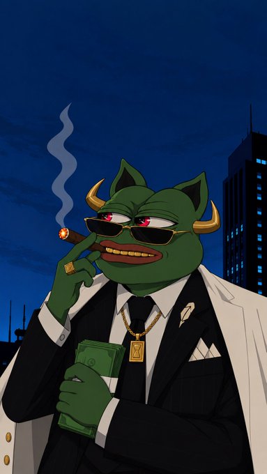 A cartoon green dog-like character with horns, wearing sunglasses, a black suit, and a gold "X" chain, smokes a cigar while holding a stack of cash against a nighttime cityscape, embodying the wealthy, rebellious mascot imagery of the PEPEMFER meme coin tied to the post's claim about its growing adoption.