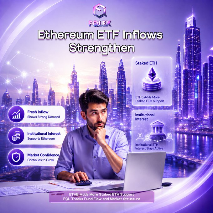 The image is a promotional graphic from FQL Exchange titled "Ethereum ETF Inflows Strengthen," featuring a man at a laptop set against a futuristic purple cityscape. Key visual elements highlight "Fresh Inflow Shows Strong Demand," "Institutional Interest Supports Ethereum," "Market Confidence Continues to Grow," and "ETHB Adds More Staked ETH Support," aligning with the post's focus on BlackRock's ETHA leading ETF demand and growing institutional confidence in Ethereum.