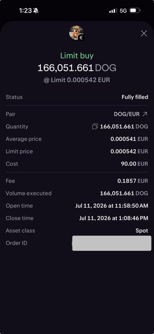 A mobile app screenshot of a Kraken limit buy order that is 'Fully filled' for 166,051.661 DOG at a limit price of 0.000542 EUR, costing 90.00 EUR with a fee of 0.1857 EUR, executed on Jul 11, 2026.