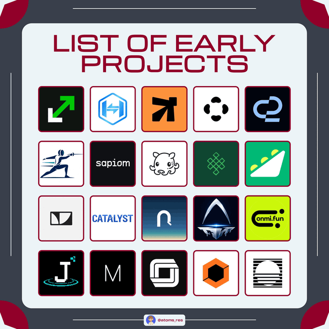 An infographic titled "LIST OF EARLY PROJECTS" displays 20 cryptocurrency/DeFi project logos arranged in a 5x4 grid, including recognizable names like "sapiom," "CATALYST," and "omni.fun." The image accompanies a post highlighting early alpha projects in the crypto space, particularly focused on DeFi with mentions of projects like @uponrh, @HusherExchange, @Kestrel_fi, and @poppiefinance.