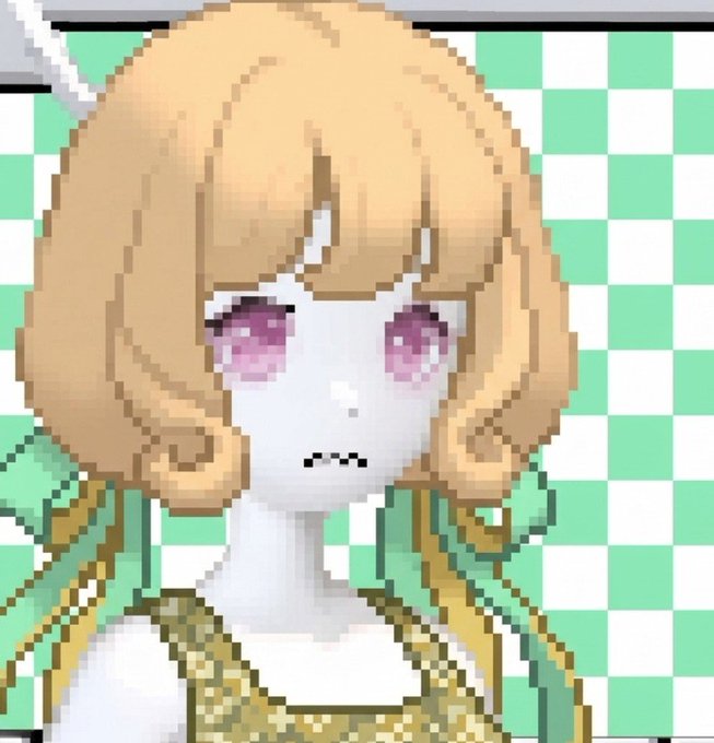 A pixel art character with curly blonde hair, pink eyes, and a green and gold outfit against a checkered green and white background.