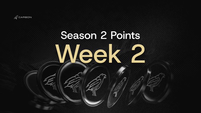 A promotional graphic titled 'Season 2 Points Week 2' by CARBON, featuring a row of black circular tokens with a bird emblem.
