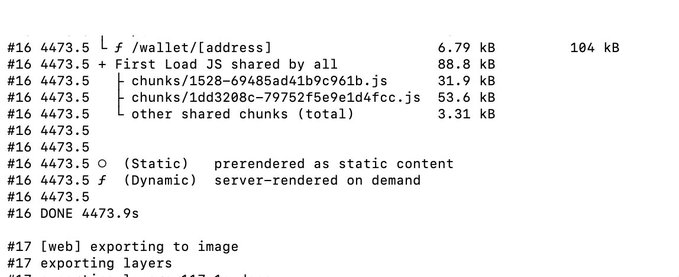 A screenshot of a terminal output displaying Next.js build information, including route information for "/wallet/[address]" with file sizes and a status of "DONE 4473.9s".