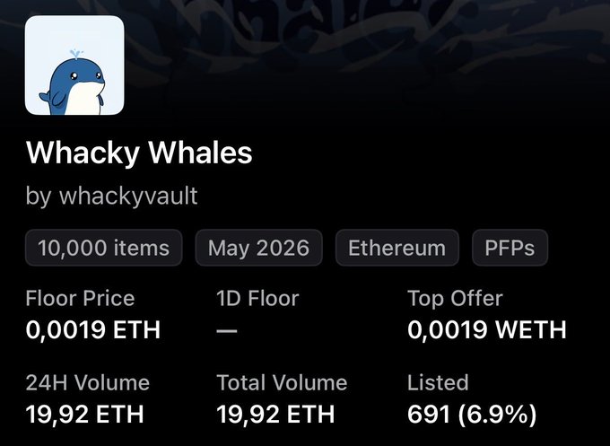 The image shows a screenshot of a social media post featuring a blue whale icon, along with text that reads "I wasn't planning to buy anything today... then I saw @whacky_whales 100 swept. Another retard move." The post is about a product or service called "@whacky_whales" and it seems to be related to the sale of items on eBay.