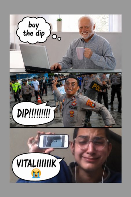 The image features a man holding up his phone, with a caption below that reads "Vitalik Buterin". The caption also includes an illustration of a man wearing a gray shirt and holding a cup of coffee while standing next to a laptop computer.