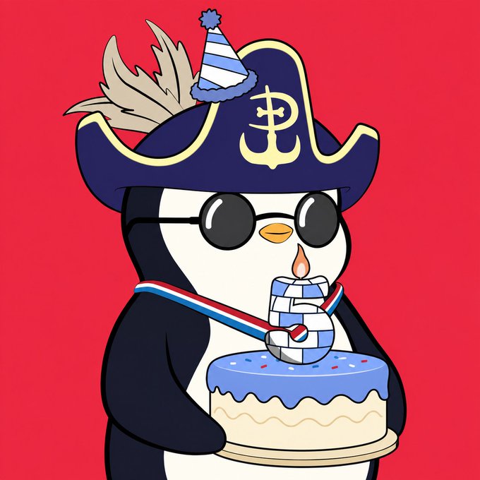A cartoon penguin wearing a pirate hat and sunglasses, holding a large blue and white striped toothbrush above a birthday cake with a candle, set against a red background.