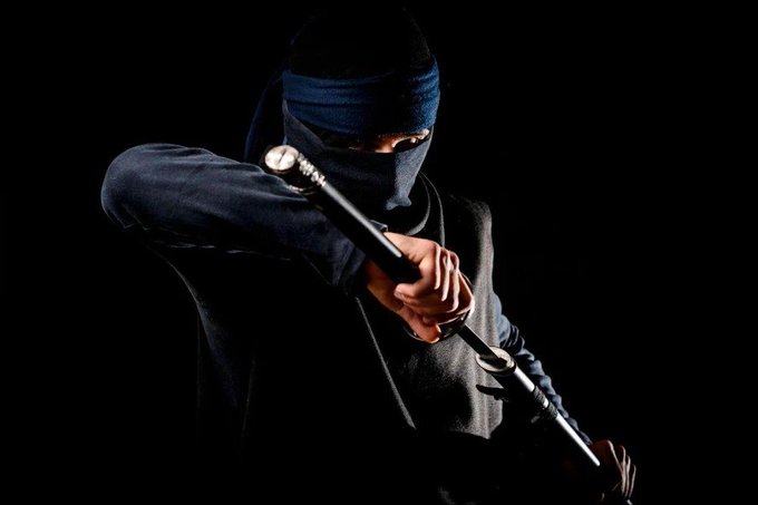 A masked ninja figure in dark blue clothing poses dynamically with a katana against a solid black background.