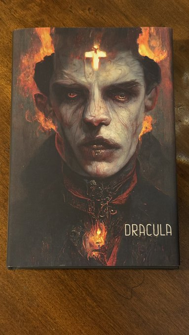 A book or box cover titled 'DRACULA' features a dark, gothic illustration of a pale, vampiric figure with glowing eyes, a cross-shaped mark on his forehead, and flames surrounding him.