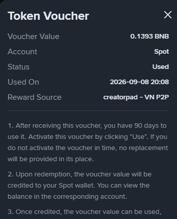 A screenshot of a 'Token Voucher' notification showing a voucher value of 0.1393 BNB used in a Spot account on 2026-09-08, with reward source 'creatorpad - VN P2P'.
