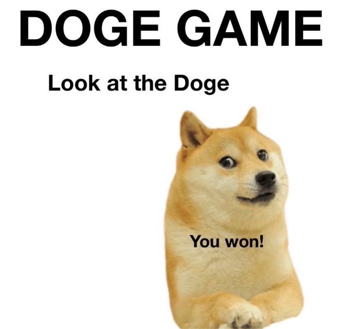 A meme image titled 'DOGE GAME' showing a Shiba Inu dog with the text 'Look at the Doge' above and 'You won!' overlaid on the dog.