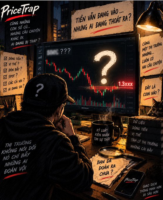A Vietnamese-language promotional illustration titled 'PriceTrap' depicting a hooded figure analyzing trading charts, with phrases like 'TIỀN VẪN ĐANG VÀO... NHƯNG AI ĐANG THOÁT RA?' warning about market traps.