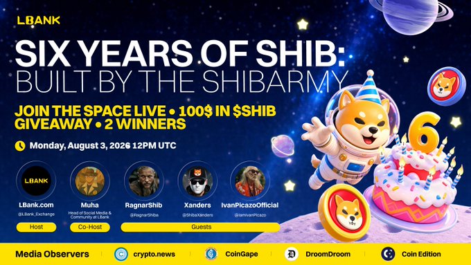 A promotional graphic for "Six Years of SHIB: Built by the ShibArmy," featuring a Shiba Inu mascot in a space suit beside a "6" birthday cake, advertising a live X Space giveaway of $100 in $SHIB with 2 winners on Monday, August 3, 2026 at 12PM UTC, hosted by LBank with co-host Muha and guests RagnarShiba, Xanders, and IvanPicazoOfficial, and media coverage from crypto.news, CoinGape, DroomDroom, and Coin Edition.