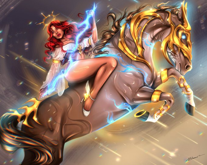 A fantasy digital artwork depicting a red-haired woman in flowing robes riding a powerful armored horse, both surrounded by dynamic blue and gold magical energy streaks.