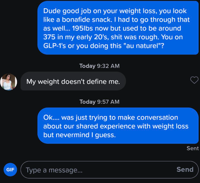 The image shows a text message conversation between two people, with one person expressing their frustration about the lack of progress they've made towards their weight loss goals despite trying various diets and exercise routines. The other person responds by saying that they understand the struggle and encourages them not to give up on their journey.