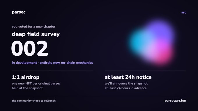 An announcement for 'parsec arc deep field survey 002' detailing new on-chain mechanics, including a '1:1 airdrop' of one new NFT per original parsec and at least 24h notice before the snapshot, with the URL parseckyz.fun.